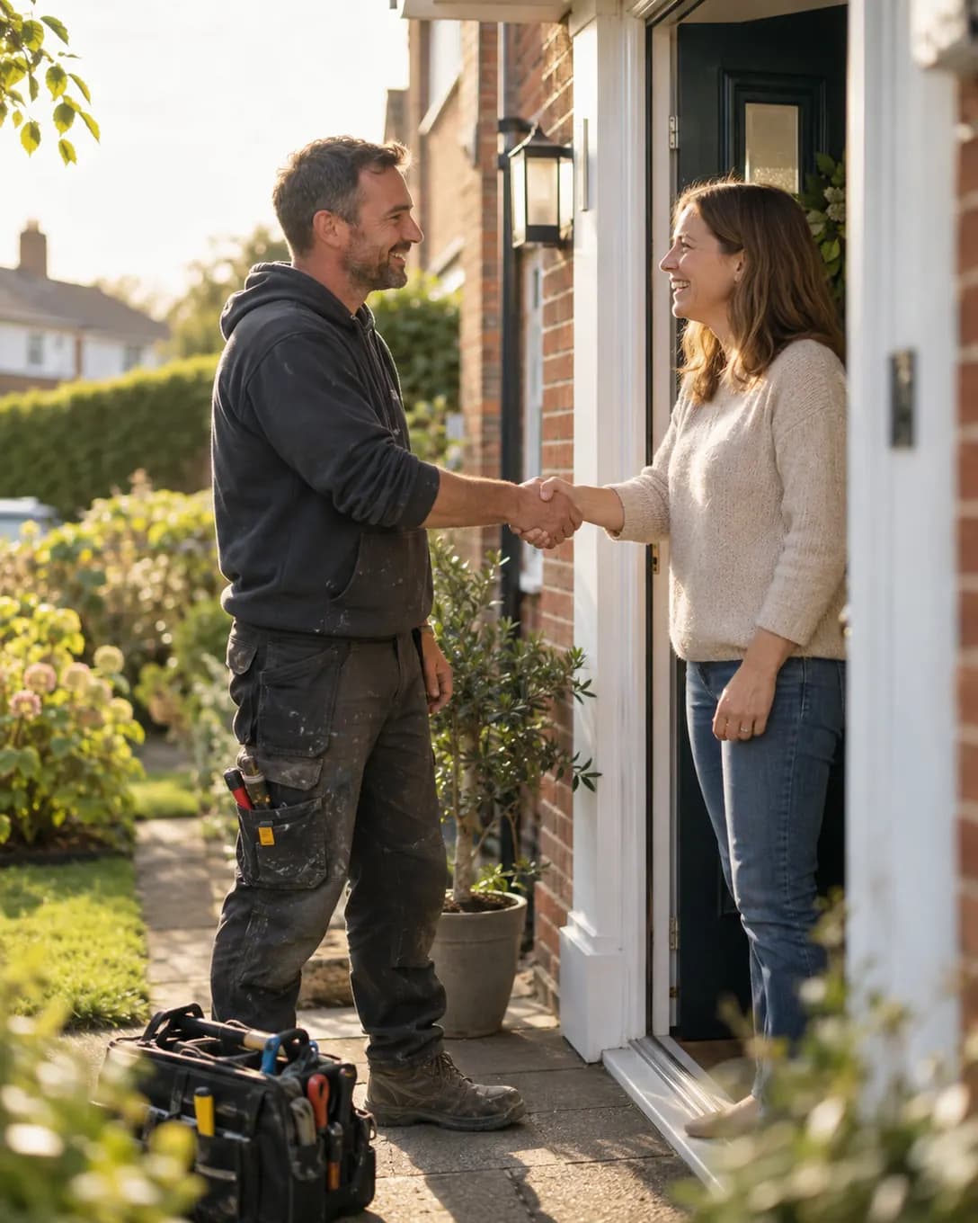A tradesperson shaking hands with a homeowner at her front door after finishing a job