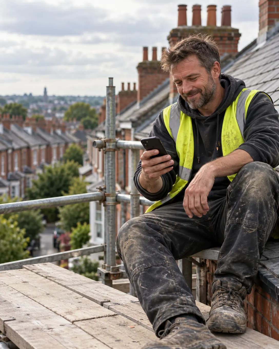 A roofer on scaffolding above a row of terraced houses, reading a message on his phone