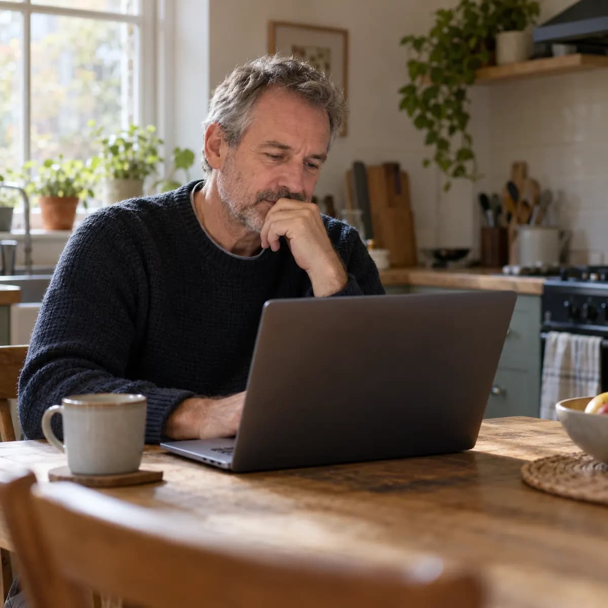 A man at his kitchen table asking an AI assistant on his laptop for a recommendation