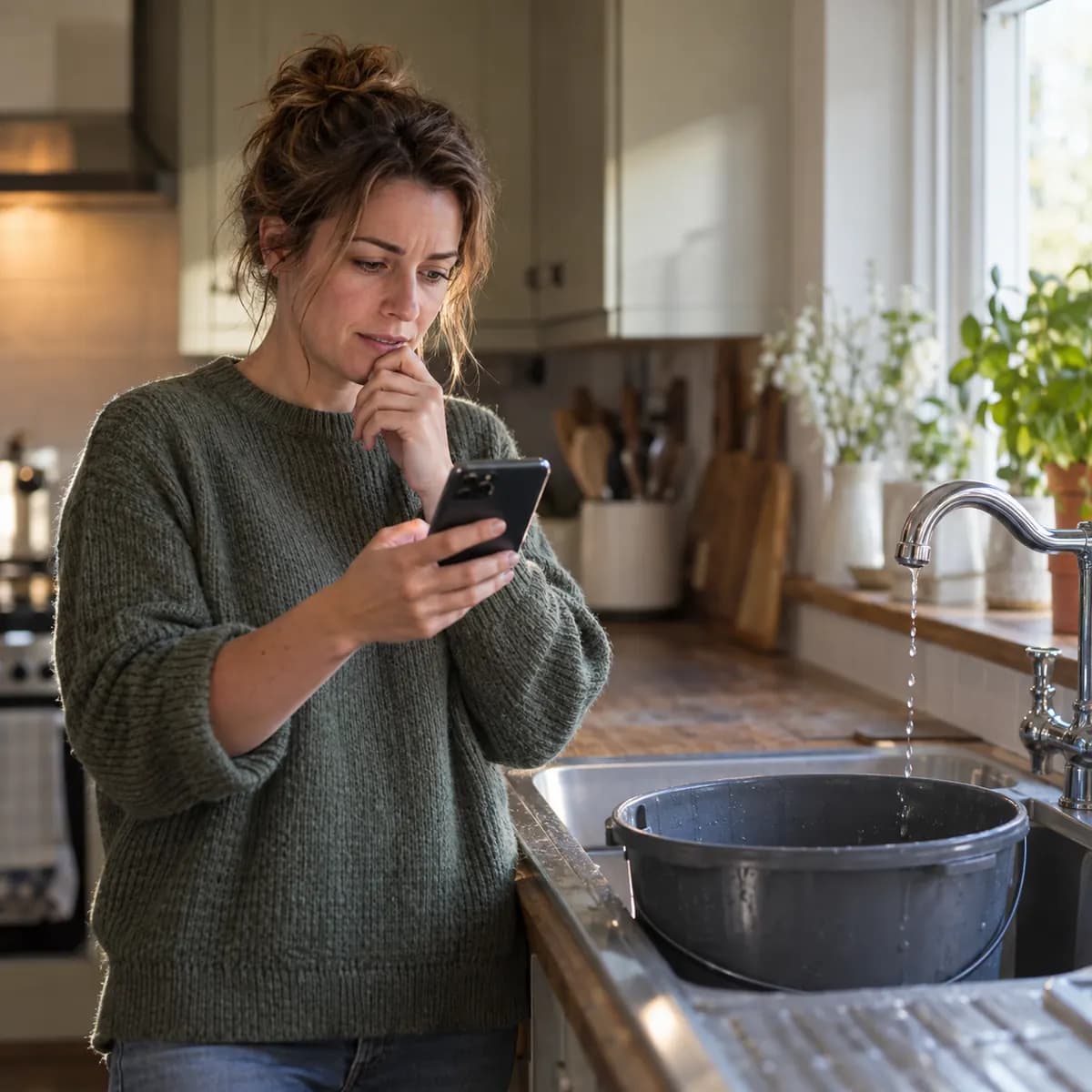 A homeowner beside a dripping kitchen tap, searching on her phone for a local plumber