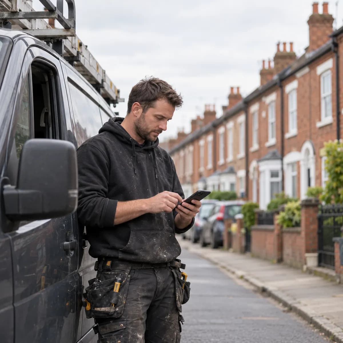 A tradesperson by his van on a terraced street, checking a map on his phone