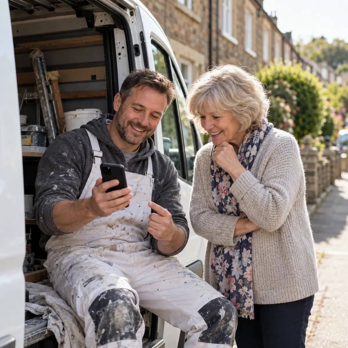 A decorator sitting in his van showing a homeowner a new website on his phone